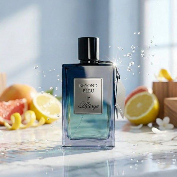 A rectangular glass perfume bottle labeled 'BEYOND BLEU' stands centered on a glossy marble surface, surrounded by citrus slices, white flowers, and wooden blocks in a bright, airy setting.