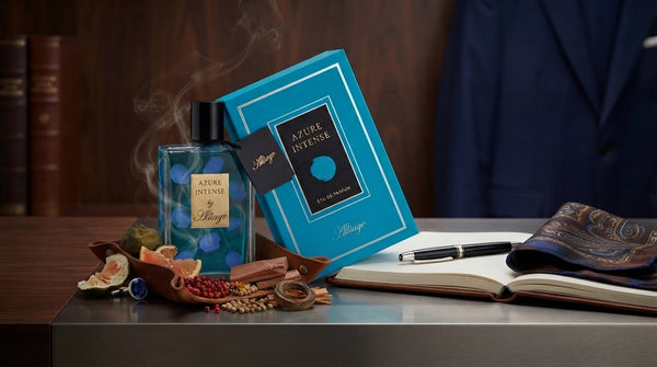 A perfume bottle and its blue presentation box from the brand A Pure Intense by Serge Lutens, styled on a dark desk with an open notebook, pen, patterned tie, and dried botanicals. A blurred figure in a navy suit is visible in the background.