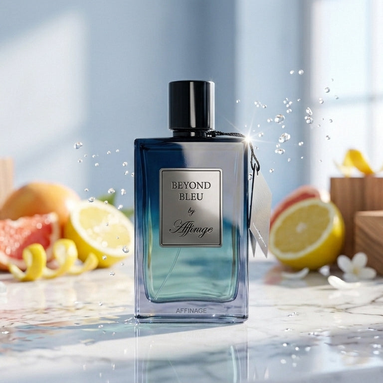 A rectangular glass perfume bottle labeled 'BEYOND BLEU' stands centered on a glossy marble surface, surrounded by citrus slices, white flowers, and wooden blocks in a bright, airy setting.